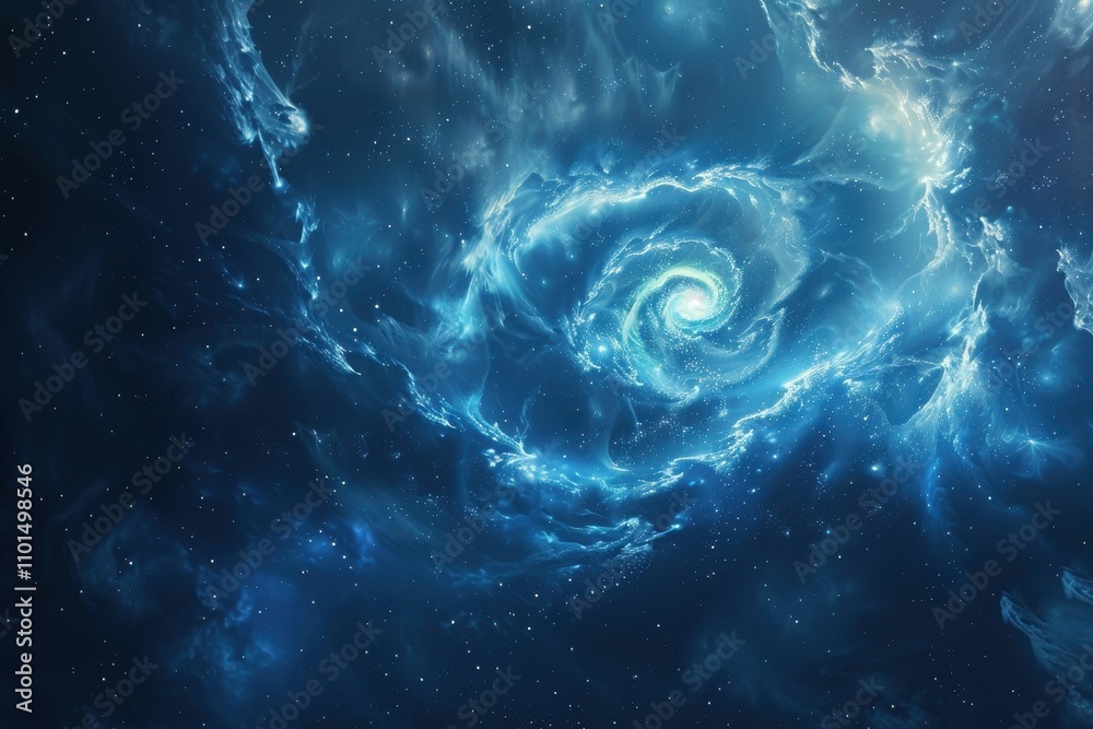 Wall mural glowing spiral galaxy with bright center and blue translucent clouds in deep space.