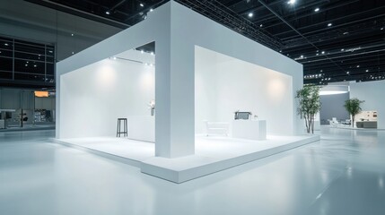 Minimal white booth with clean backdrop, open floor space, perfect for corporate exhibits