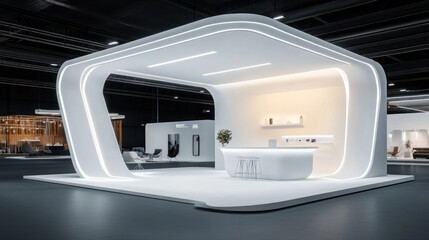 Minimalist white exhibition stand booth with blank backdrop and bright lighting setup