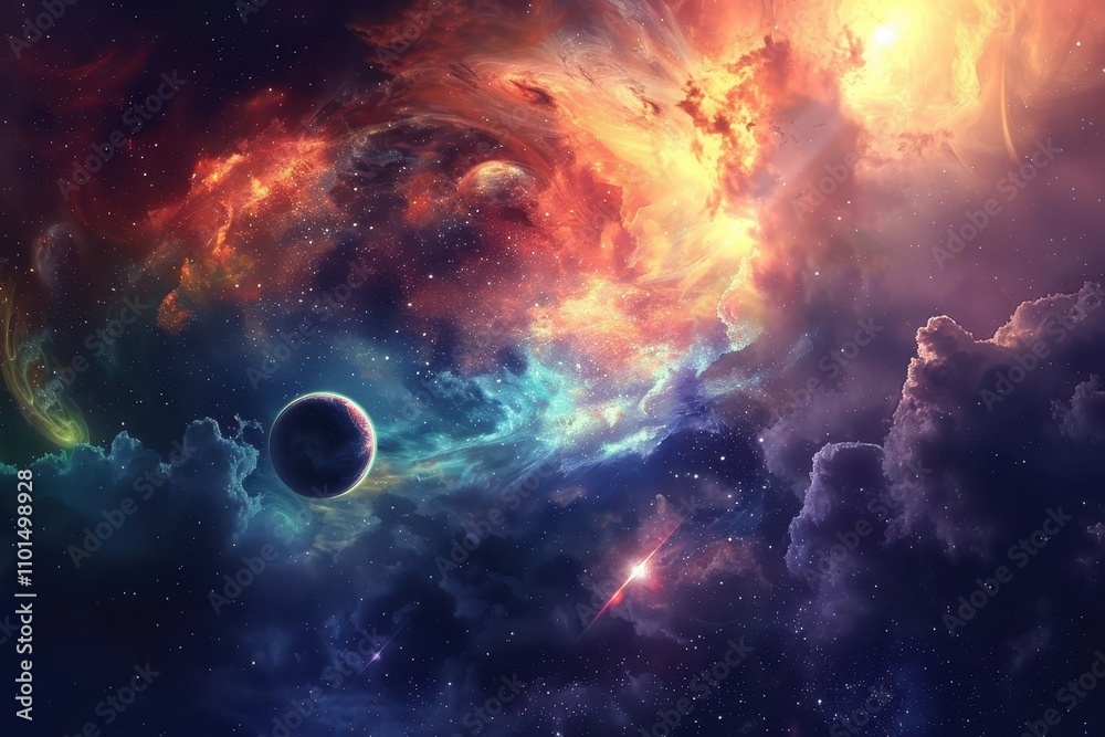 Canvas Prints colorful nebula and glowing planet in deep space