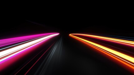 Dynamic neon light streaks create fast motion effect. Vibrant colors like pink, orange glow in dark scene. Abstract illustration of speed, energy. Futuristic tech concept background. Modern design.