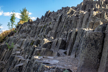 Majestic basalt mountains from which trees grow. Rod-shaped hexagonal stone mountains in the...