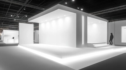Minimalistic white booth with blank walls and bright lighting, perfect for trade show