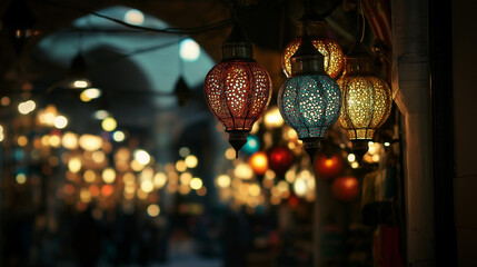 Obraz premium Traditional hanging lanterns displayed in a vibrant market setting.