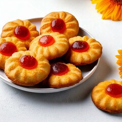 Sweet cookies in different forms of shell or flowers with toppings of chocolate or jam for christmas or every day you like to enjoy