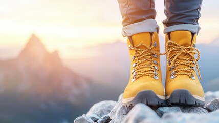 Bright yellow boots on a rocky peak during sunset.