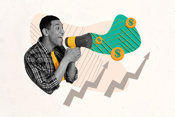Composite photo collage of happy american man scream megaphone promote dollar coin success growth arrow isolated on painted background