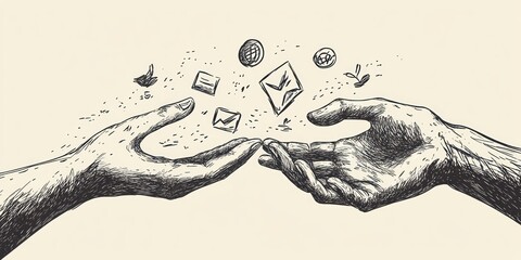 Two hands reaching out with floating symbols representing communication and connection.