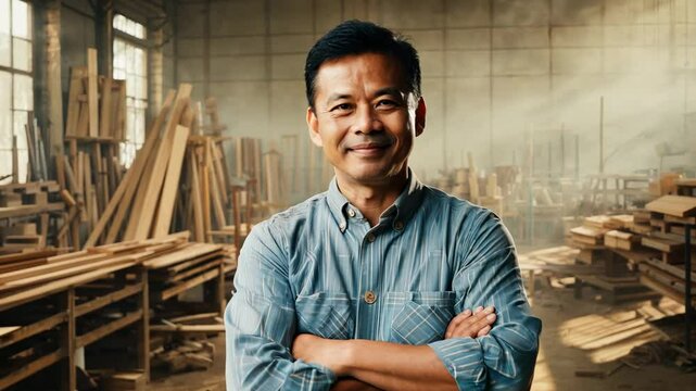 A smiley Asian master standing in a middle of a carpentry workshop. The workshop buzzes with energy as the smiley master crafts with love.