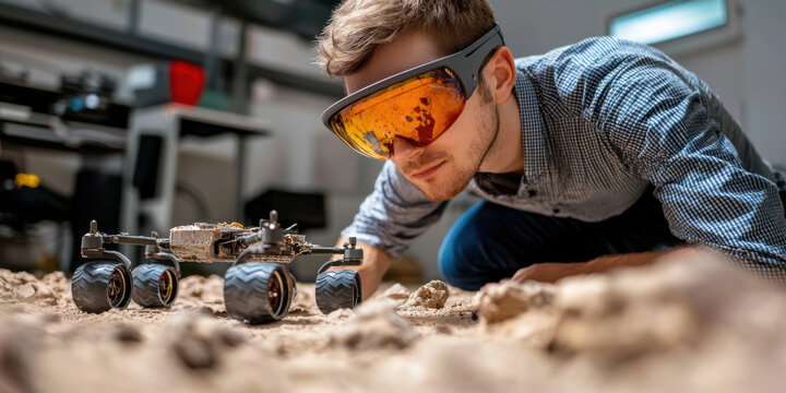 Engineer testing Mars rover wheels in simulated environment