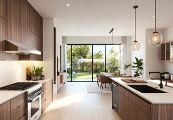 Fototapeta premium Modern and Stylish Kitchen and Living Room with Open Layout, Natural Light, and Lush Outdoor View in Contemporary Home Design