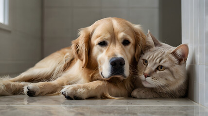 A cat and a dog are laying on the floor next to each other. The dog is laying on the left side of the cat and the cat is laying on the right side of the dog