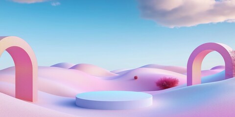 Pastel desert landscape with arches and podium. Colorful dunes and soft pastel colors. Empty platform for product display. Blue sky with clouds. Minimalist design. Surreal scenery.