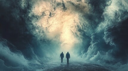 Obraz premium Two figures walk towards a bright light through a dark, stormy, cloudy landscape.
