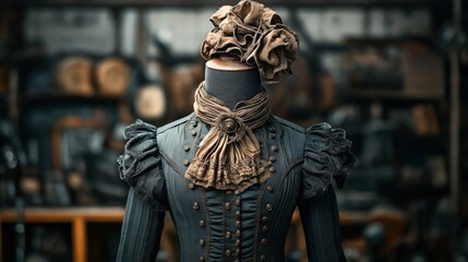 Vintage mannequin with an ornate Victorian-style dress and intricate hat displayed in a dimly lit tailor shop with blurred background.