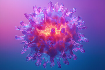 Obraz premium Microscopic view of a virus particle with intricate details, glowing spikes, and a gradient background of deep blue and violet hues