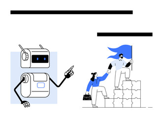 Robot pointing right and woman helping man climb puzzle blocks with flag. Ideal for teamwork, support, leadership, advancement, technology, unity, progress. Line metaphor