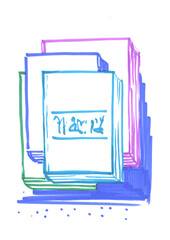 A stack of books, top view, drawing on a white background. Notebooks, graphic illustration with a felt-tip pen. Sketch, book icon, doodle drawing