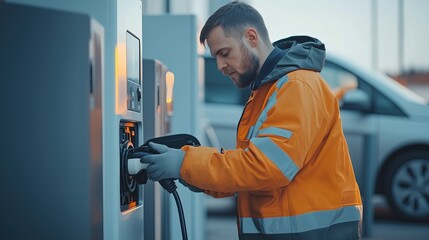 Charging Station Maintenance: Technician performing routine check on charging station, open panel showing high-tech components. 