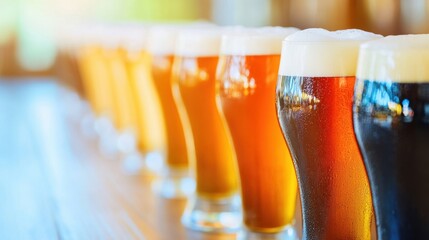 An appealing lineup of craft beers sits on a bar top, showcasing a range of colors and foams that invite tasting and enjoyment