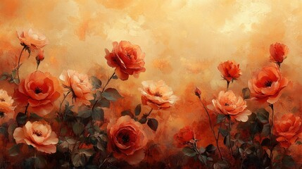 Obraz premium Artistic painting of orange roses in a garden, warm tones, soft light.