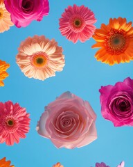 Vibrant Floral Arrangement with Pink Roses, Gerbera Daisies, and Colorful Flowers Set Against a Bright Blue Sky Background for Nature and Aesthetic Themes