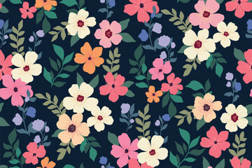 Seamless floral pattern, colorful ditsy print, abstract ornament with hand drawn summer meadow, blooming wild garden. Cute botanical design of small hand drawn flowers, leaves. Vector illustration. © Yulya i Kot