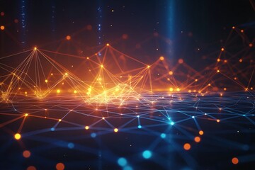 Obraz premium Abstract tech illustration shows interconnected glowing lines, points. Futuristic network of data, communication. Modern illustration highlights intelligent connection system. Dynamic energy, speed.