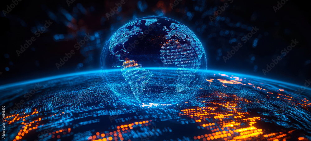 Poster digital transformation: planet earth surrounded by programming code illuminating global technology