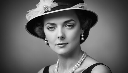 Black and white portrait of a vintage woman in classic hat and pearls jewelry at studio. Generative AI.