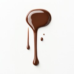 Obraz premium A glossy pool of chocolate syrup drips elegantly onto a white surface, illustrating richness and indulgence, Perfect for food styling, dessert recipes, or advertising sweet treats,