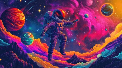 Fototapeta premium An astronaut floats through a vibrant, cosmic landscape filled with colorful planets and nebulae.