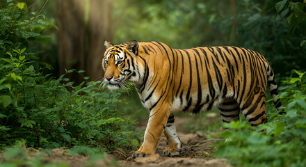 Obraz premium Majestic Bengal Tiger Strolling Through Lush Green Forest - Wildlife Photography