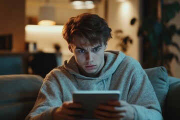 Young man focused on tablet screen in dimly lit room