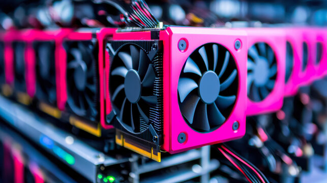 High performance cryptocurrency mining rig with pink graphics cards