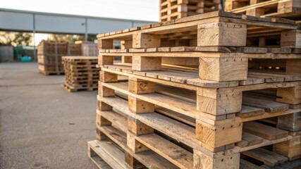 A stack of neatly aligned wooden pallets in bright natural lighting, emphasizing eco-friendly logistics