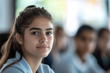 Smiling girl in classroom with peers in background