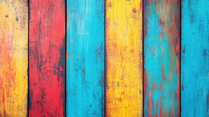 Brightly painted wooden planks in red, blue, and yellow form an engaging surface ideal for backgrounds or creative designs