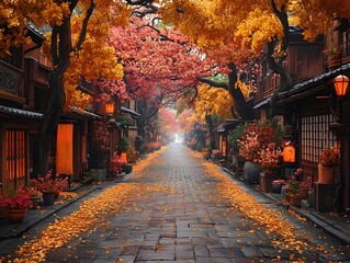 Fototapeta premium Osaka’s old streets in autumn feature osmanthus trees lining the paths covered with fallen leaves