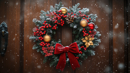 Festive Christmas Wreath with Red Bow on Door
