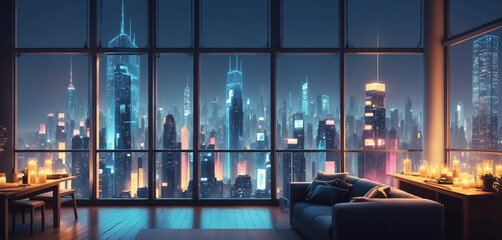Lofi vibes window view of a city at night. Chill, cozy, comfortable room. Relaxed colorful apartment, tranquil digital painting.