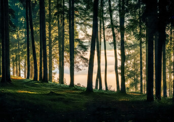 Obraz premium Majestic forest sunrise with silhouetted trees and warm light