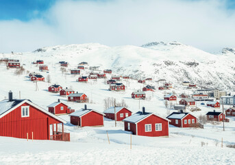 Idyllic winter landscape with red cabins on snowy hillsides in nordic village