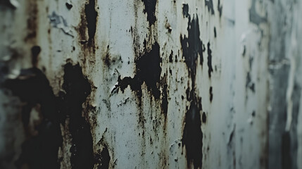 Close-up of a weathered, rusty metal surface. Peeling paint reveals layers of dark rust and corrosion.  Texture is rough and aged, showing signs of significant wear.
