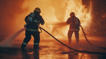 Naklejka premium Firefighters in action, using hoses and teamwork in a dynamic rescue scene