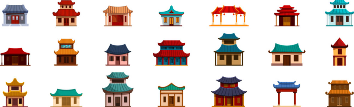 Traditional chinese house icons set. Set of colorful asian houses and temples showcasing oriental architecture with intricate details and vibrant colors