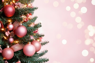 Fototapeta premium Festive Christmas tree with pink and white ornaments, candy canes, and soft lighting for holiday decor.