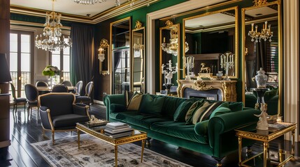 Fototapeta premium Elegant living room with a velvet emerald-green sofa, gold-framed mirrors, and a chandelier illuminating a dark hardwood floor.