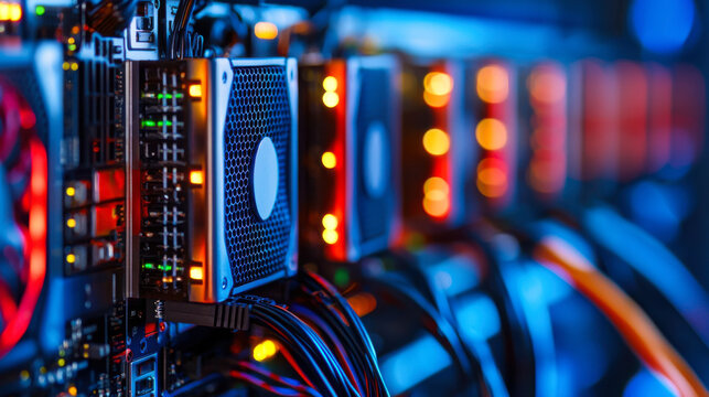 High tech GPUs in Bitcoin mining setup with vibrant lights