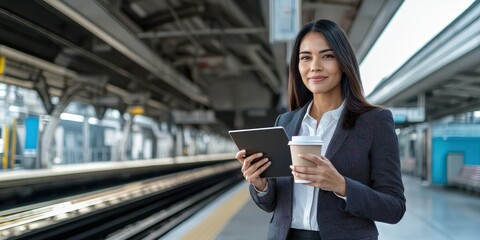 Fototapeta premium Commuting to work concept, A professional woman stands at a train station, holding a tablet and coffee, looking confident and ready for her commute.